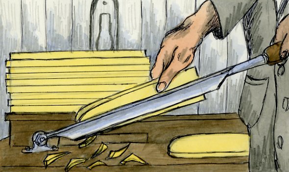 Brush-making step: Cutting wood with guillotine