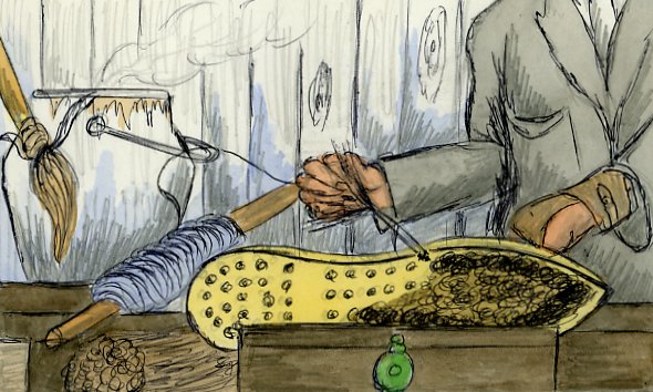 Threading bristles through wood